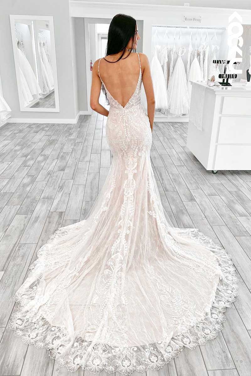 K1097 - V-Neck Spaghetti Straps Lace Appliqued Beaded Mermaid Wedding Dress