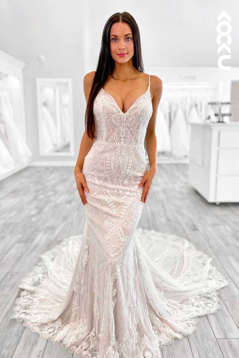 K1097 - V-Neck Spaghetti Straps Lace Appliqued Beaded Mermaid Wedding Dress