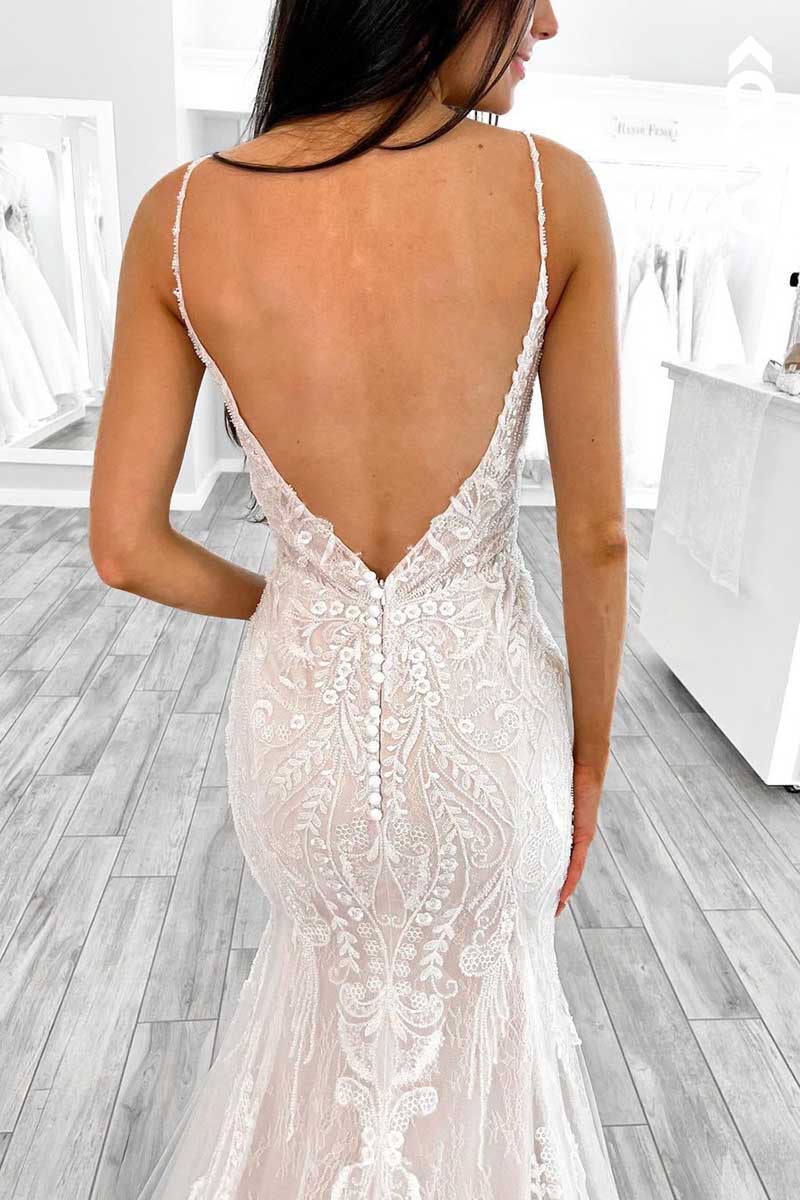 K1097 - V-Neck Spaghetti Straps Lace Appliqued Beaded Mermaid Wedding Dress