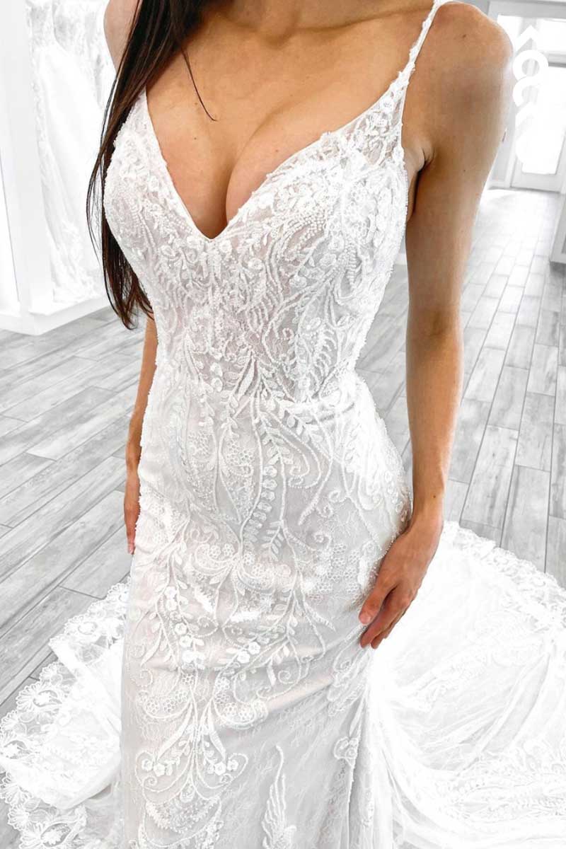 K1097 - V-Neck Spaghetti Straps Lace Appliqued Beaded Mermaid Wedding Dress