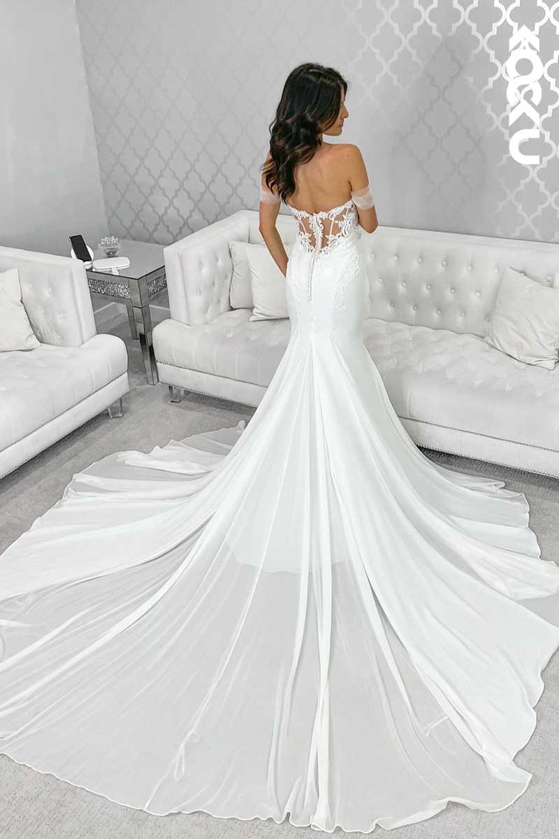 K1099 - V-Neck Off-Shoulder Lace Appliqued Mermaid Tulle Wedding Dress