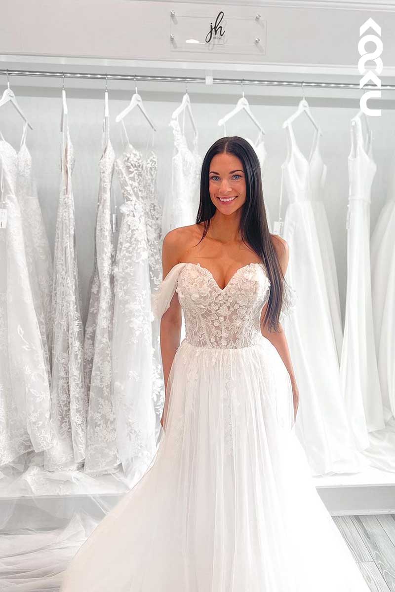 K1100 - Sweetheart Off-Shoulder Lace Appliqued A-Line Tulle Wedding Dress