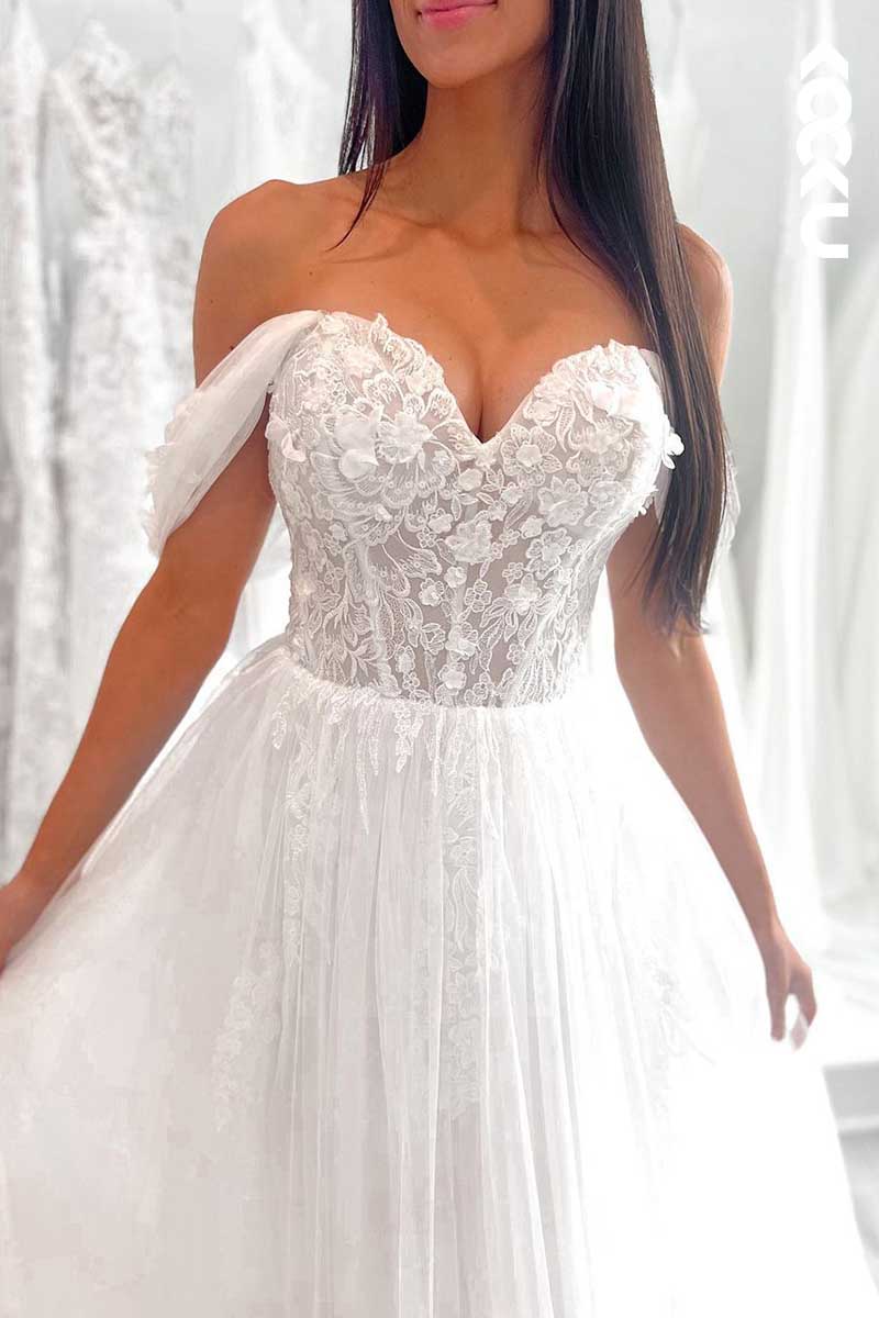 K1100 - Sweetheart Off-Shoulder Lace Appliqued A-Line Tulle Wedding Dress