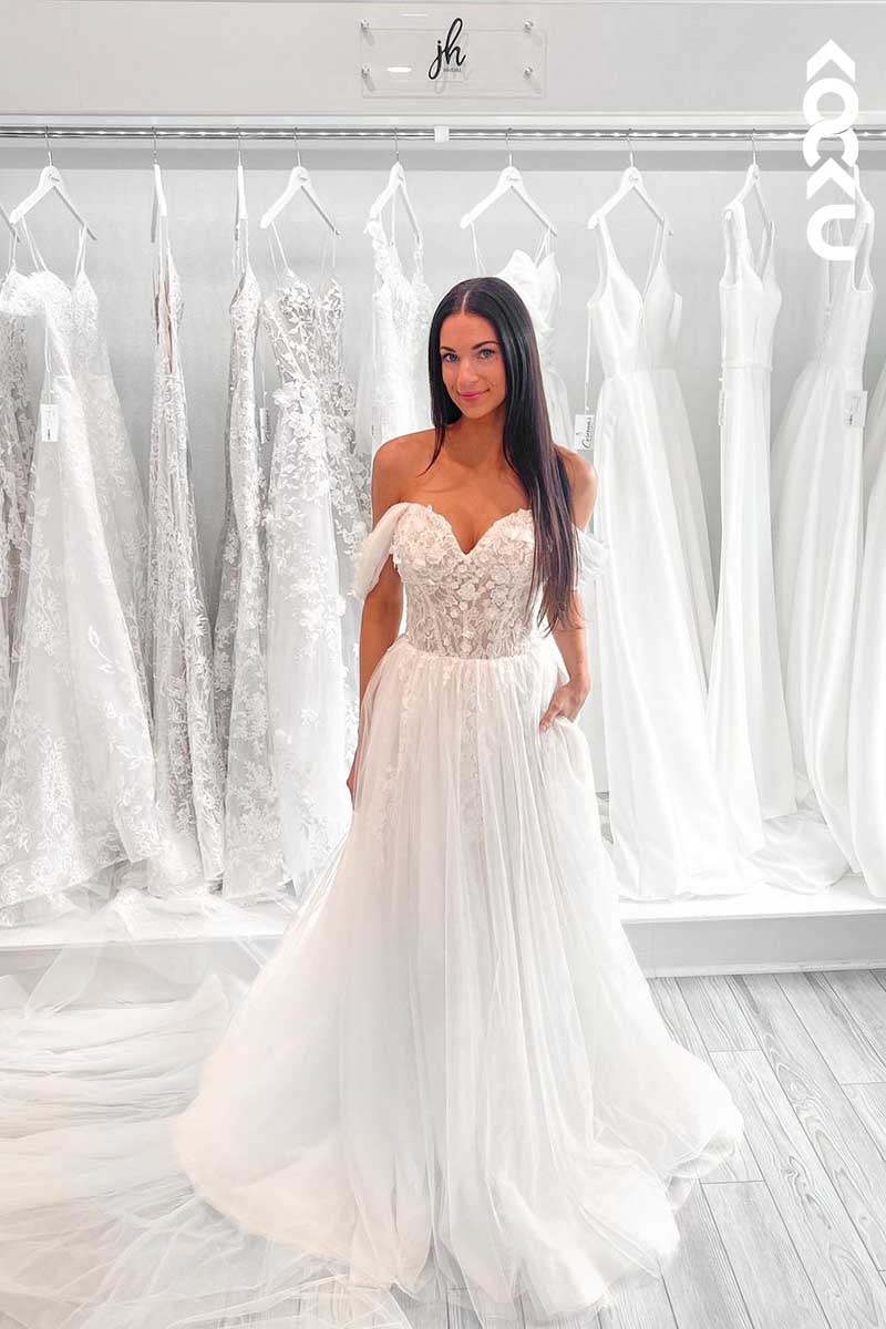 K1100 - Sweetheart Off-Shoulder Lace Appliqued A-Line Tulle Wedding Dress