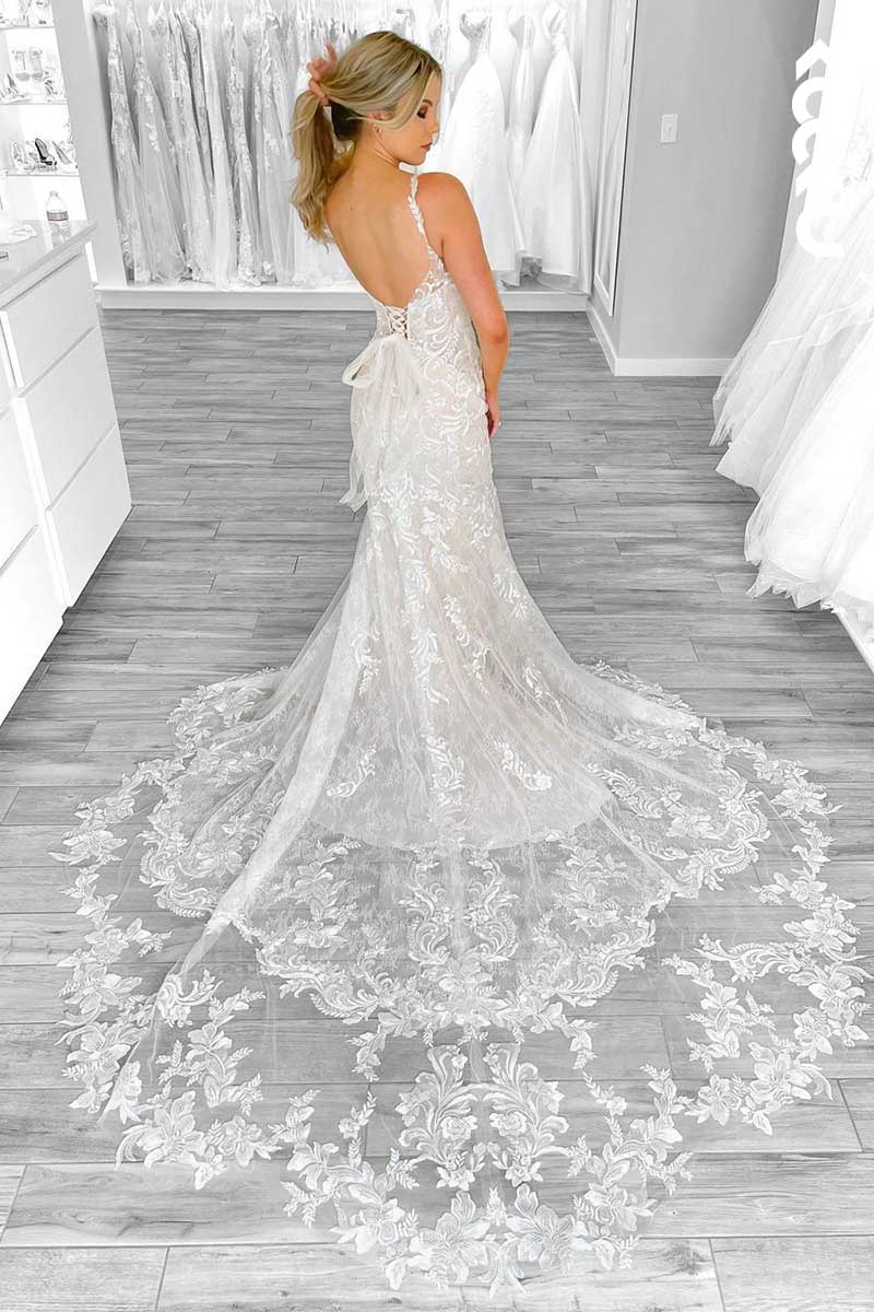 K1102 - Deep V-Neck Lace Sheer Mermaid Wedding Dress With Sweep Train