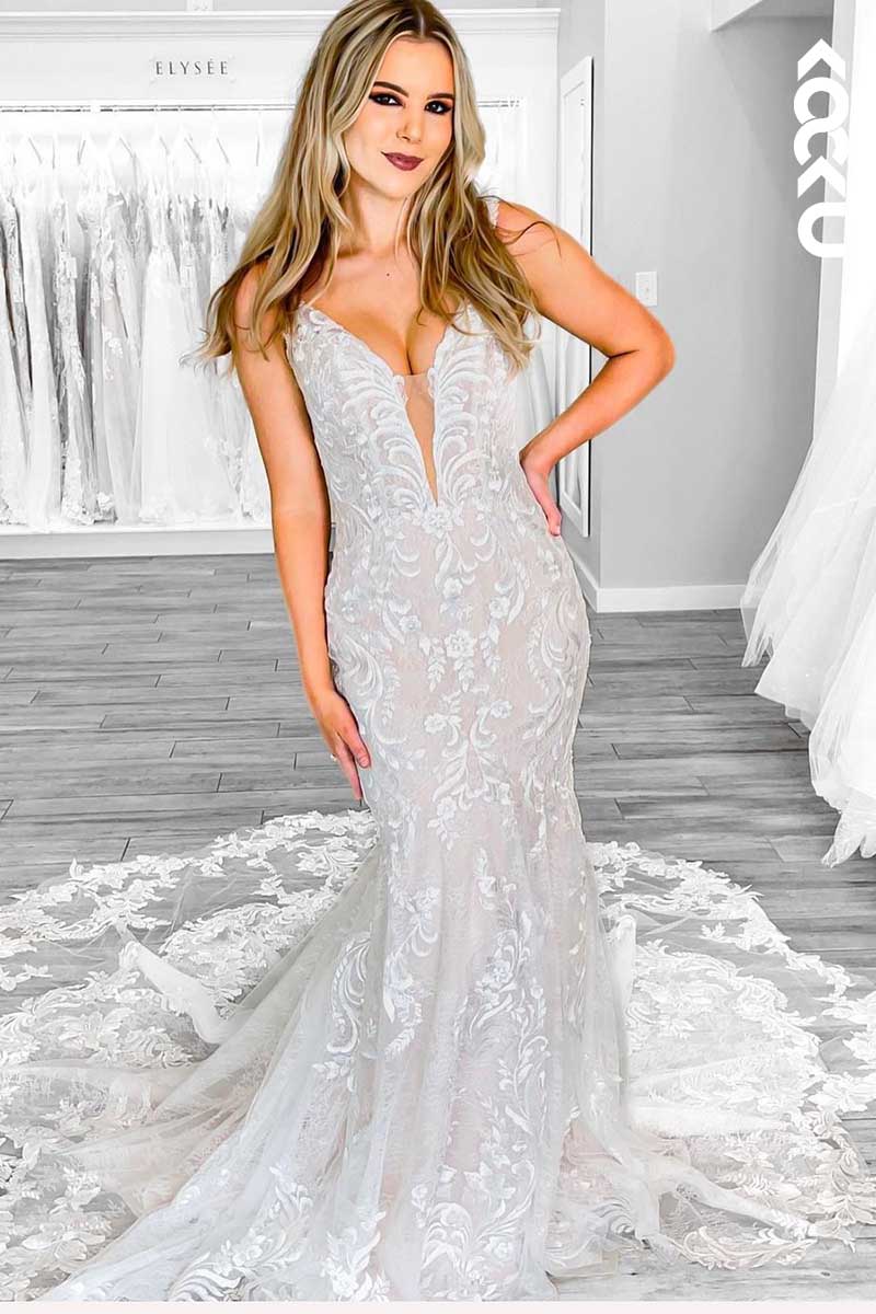 K1102 - Deep V-Neck Lace Sheer Mermaid Wedding Dress With Sweep Train