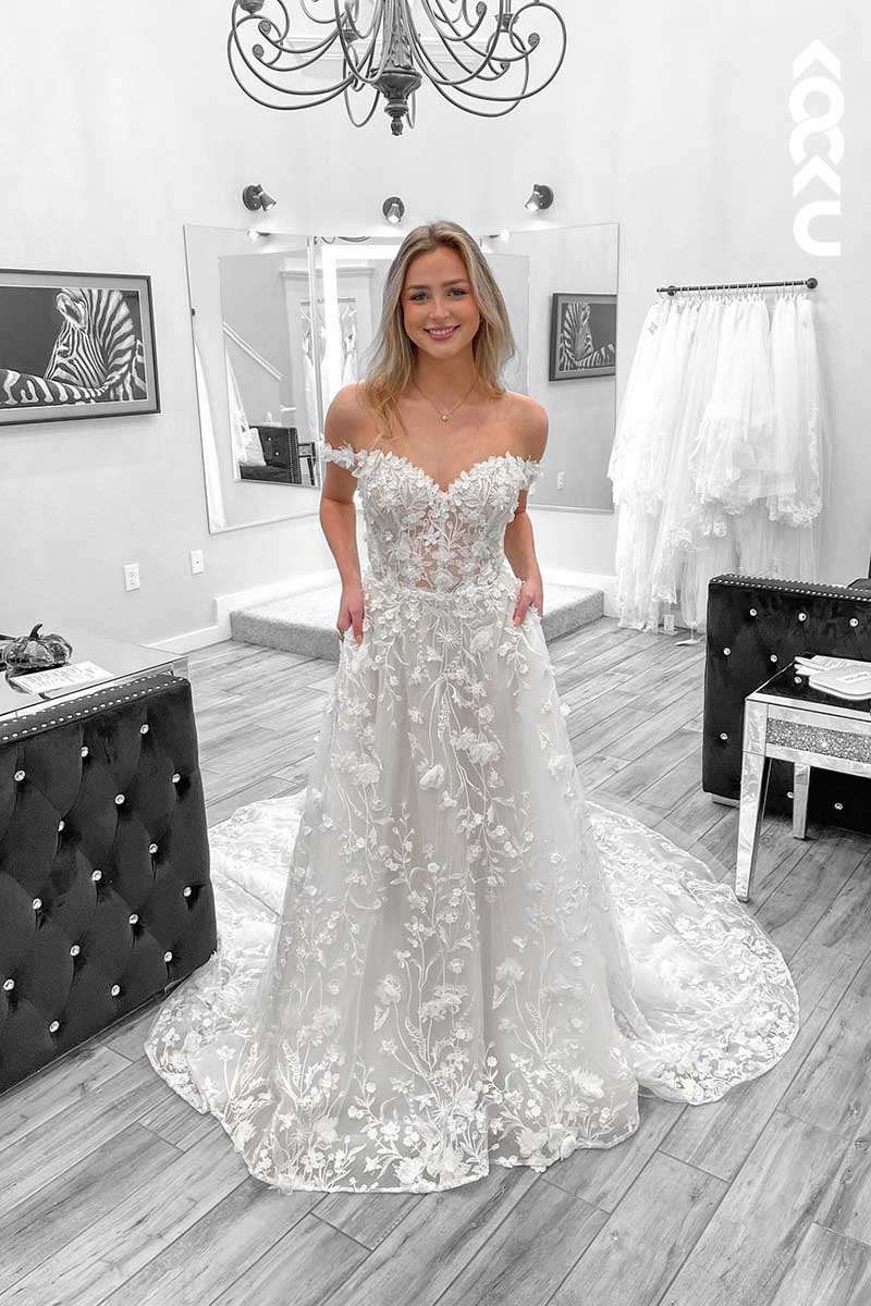 K1103 - Bateau Off-Shoulder Lace Appliqued Beaded A-Line Wedding Dress