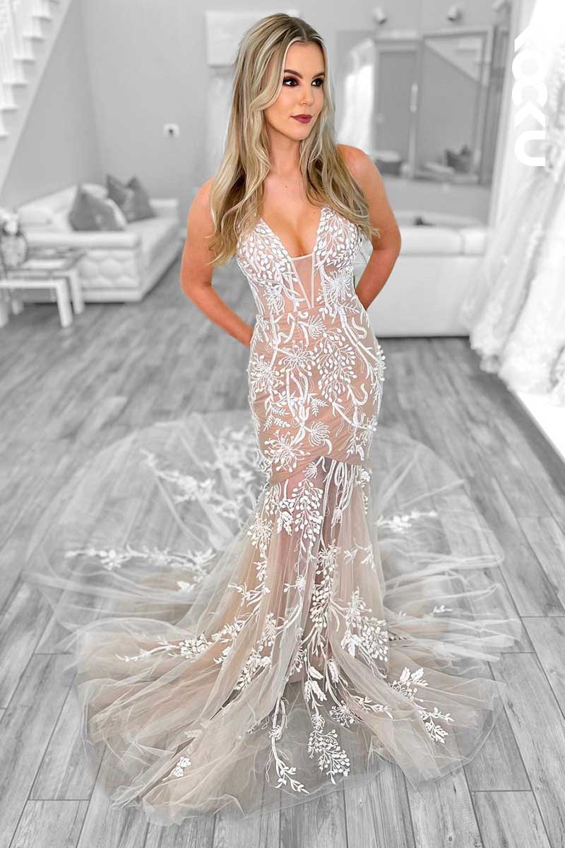 K1104 - V-Neck Lace Appliqued Sheer Mermaid Wedding Dress With Sweep Train