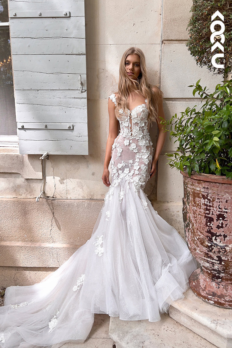 K1109 - Low V-Neck Lace Appliqued Tulle Mermaid Long Wedding Dress