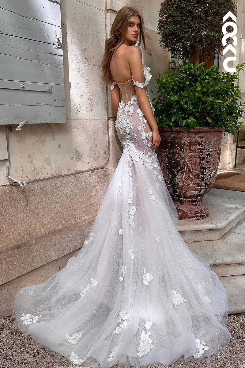 K1109 - Low V-Neck Lace Appliqued Tulle Mermaid Long Wedding Dress