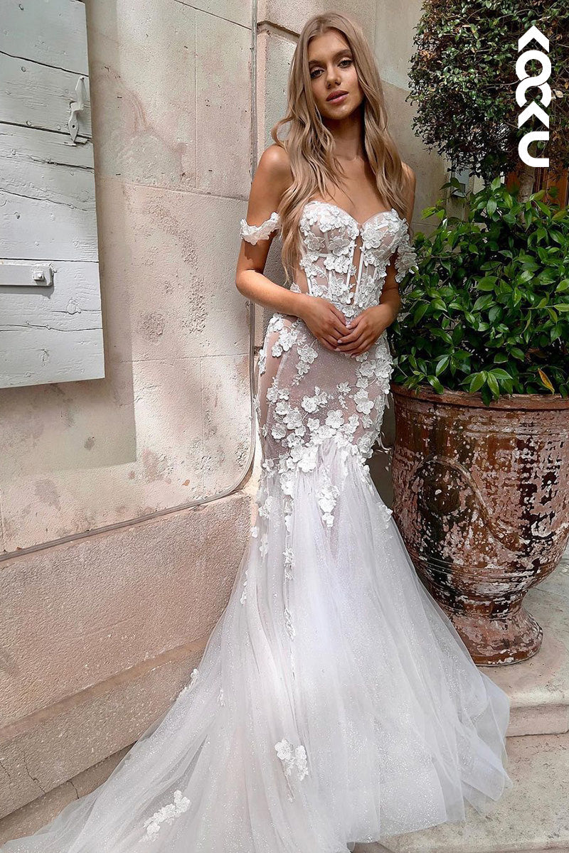 K1109 - Low V-Neck Lace Appliqued Tulle Mermaid Long Wedding Dress