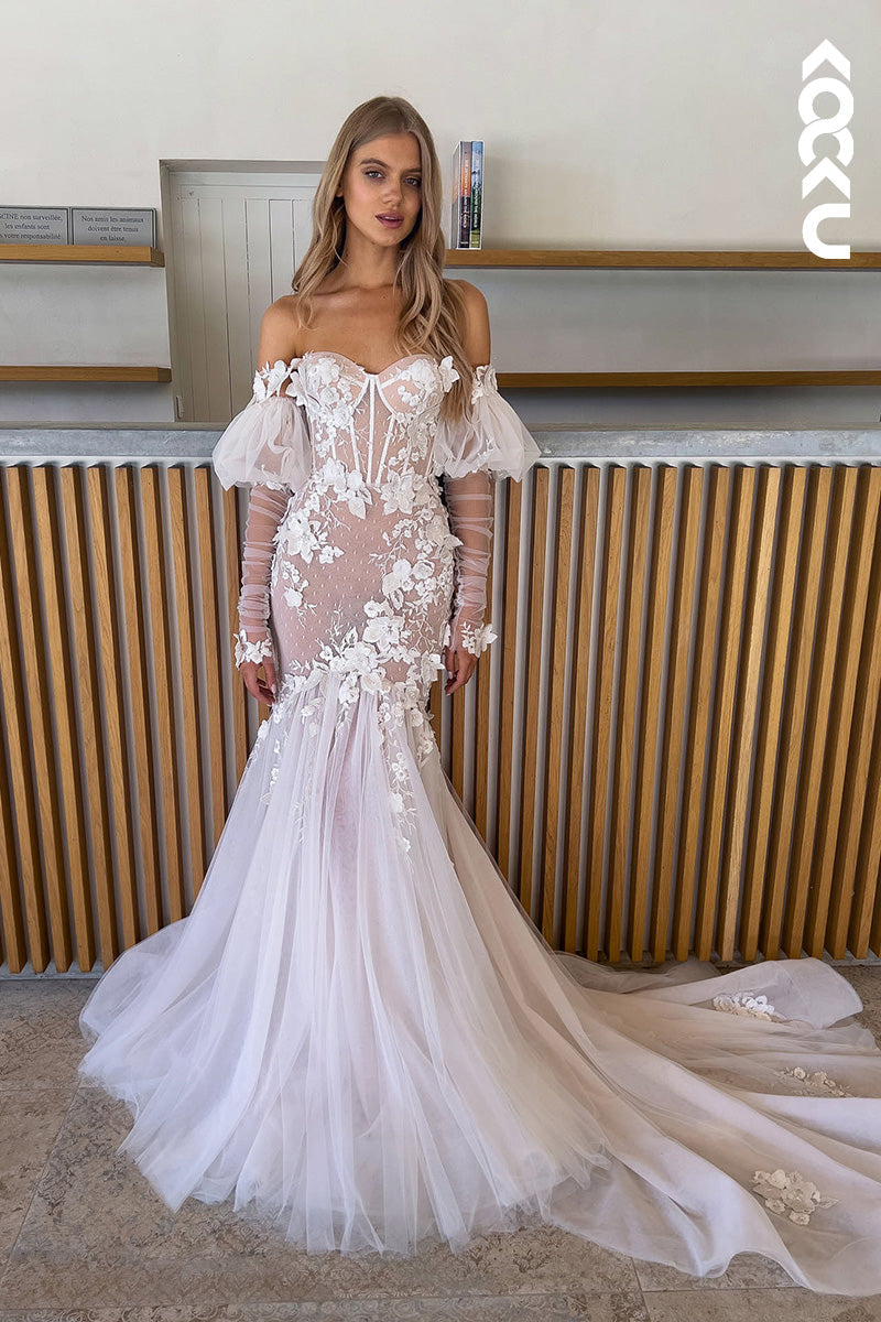 K1110 - Sweetheart Off-Shoulder Long Sleeves Lace Appliqued Mermaid Wedding Dress