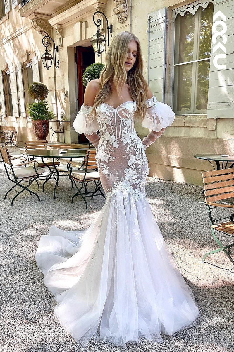 K1110 - Sweetheart Off-Shoulder Long Sleeves Lace Appliqued Mermaid Wedding Dress