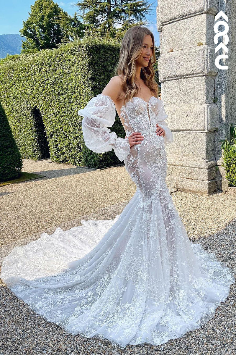 K1112 - Low V-Neck Lace Appliqued Mermaid Wedding Dress With Detachable Sleeves