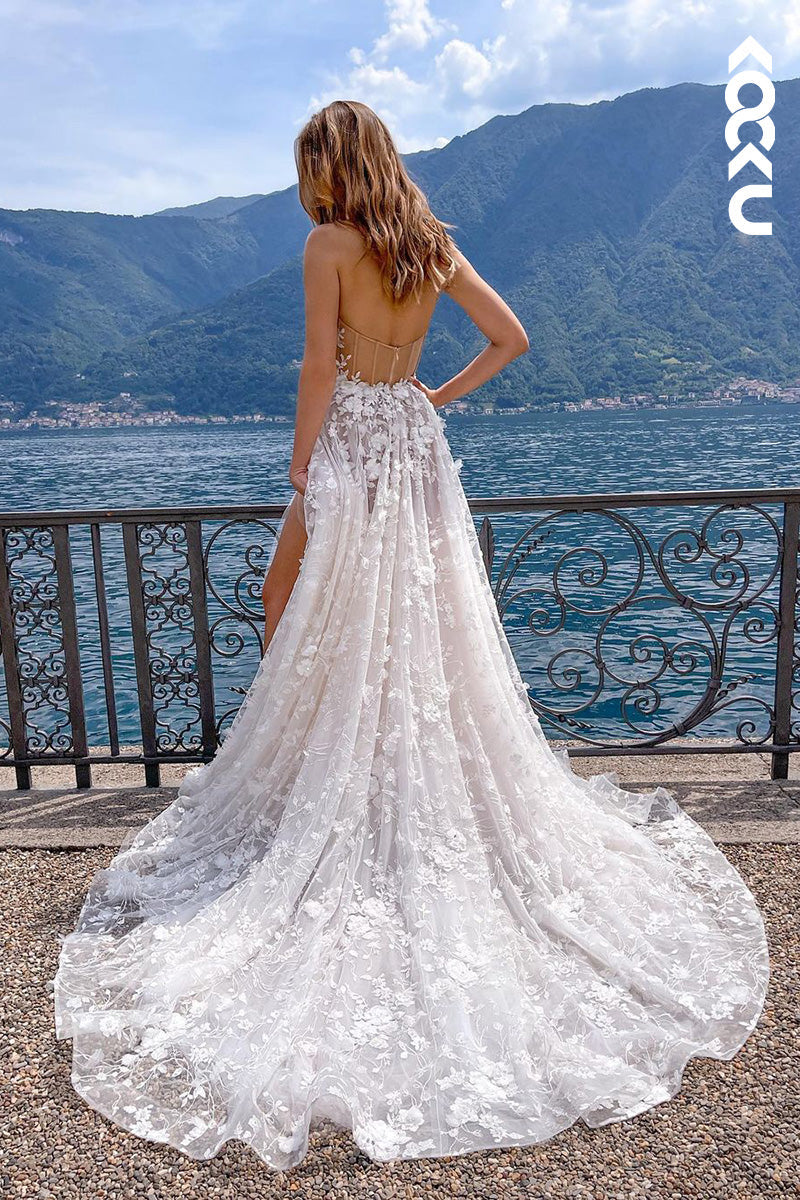 K1113 - Low V-Neck Strapless Lace Appliqued A-Line Wedding Dress With Slit