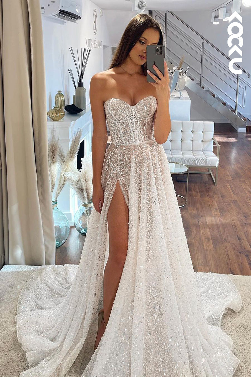 K1114 - Sweetheart Strapless Sparkly A-Line Long Wedding Dress With Slit