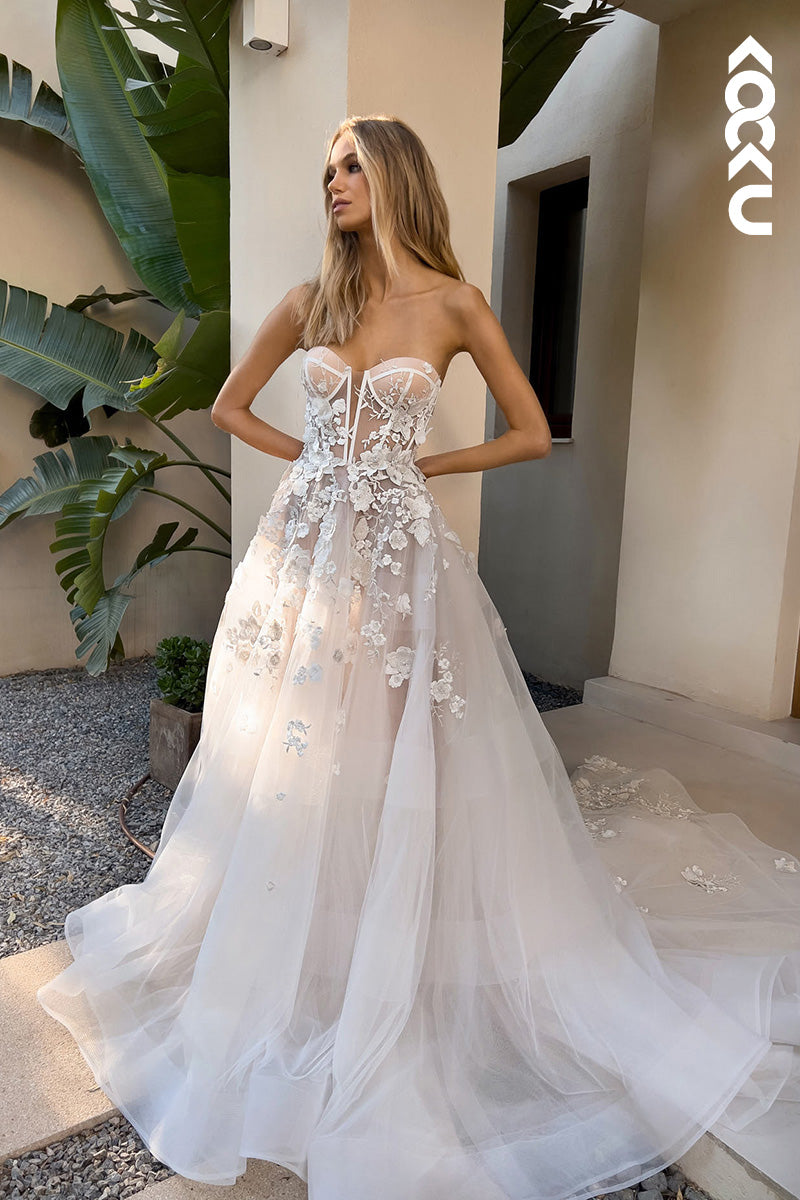 K1117 - Sweetheart Strapless Lace Appliqued Tulle A-Line Wedding Dress