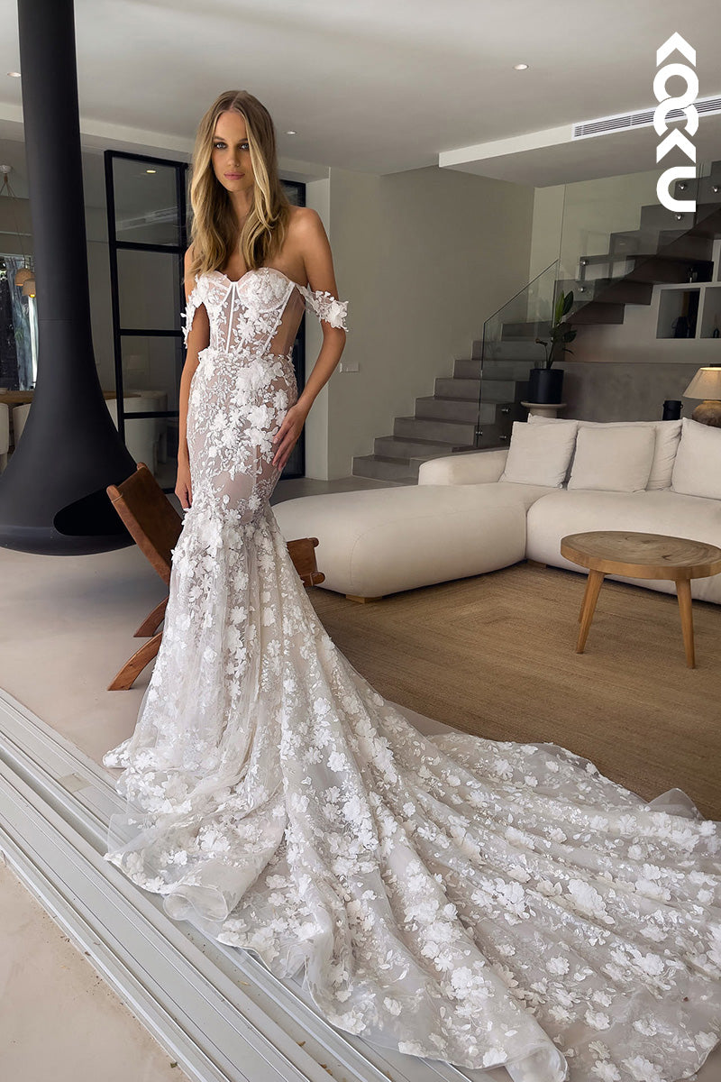 K1118 - Off-Shoulder Lace Appliqued Mermaid Long Wedding Dress