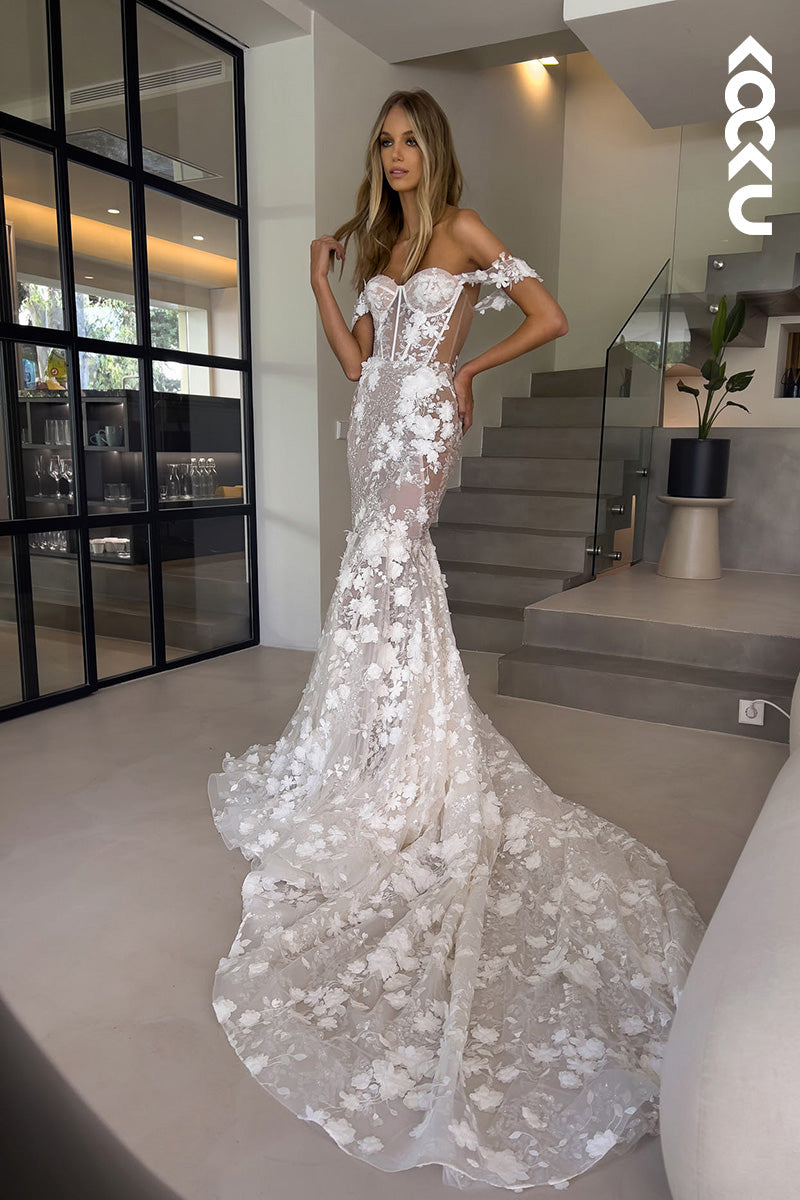 K1118 - Off-Shoulder Lace Appliqued Mermaid Long Wedding Dress