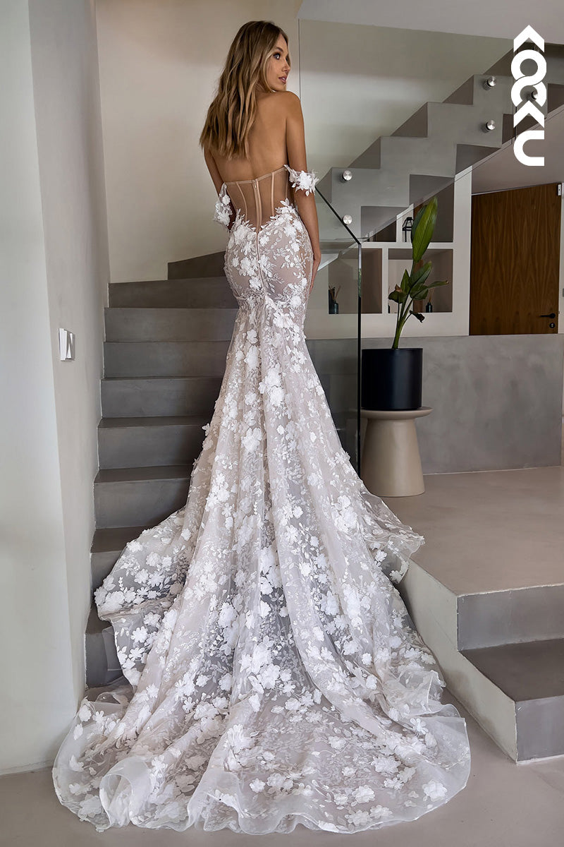 K1118 - Off-Shoulder Lace Appliqued Mermaid Long Wedding Dress