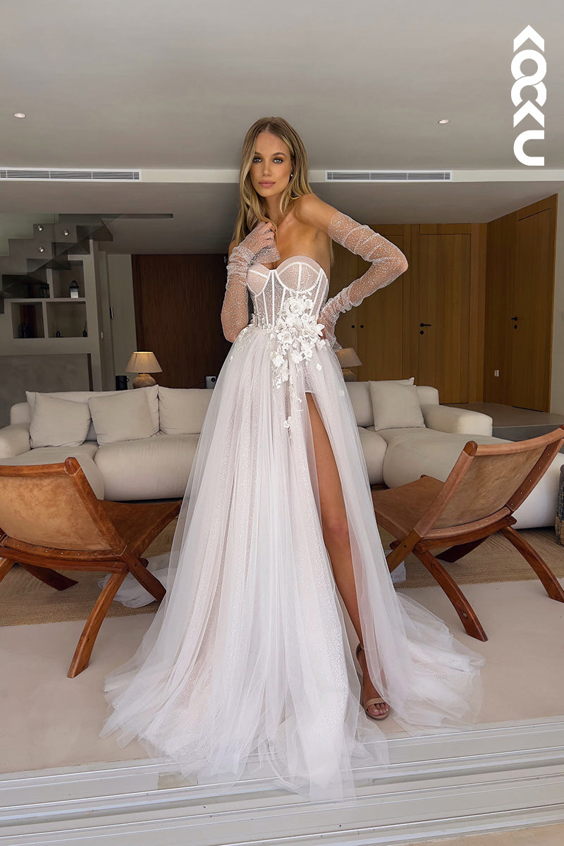 K1119 - Sweetheart Strapless Appliqued Tulle A-Line Wedding Dress With Slit