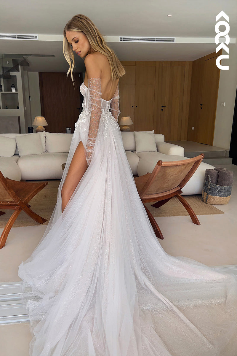 K1119 - Sweetheart Strapless Appliqued Tulle A-Line Wedding Dress With Slit