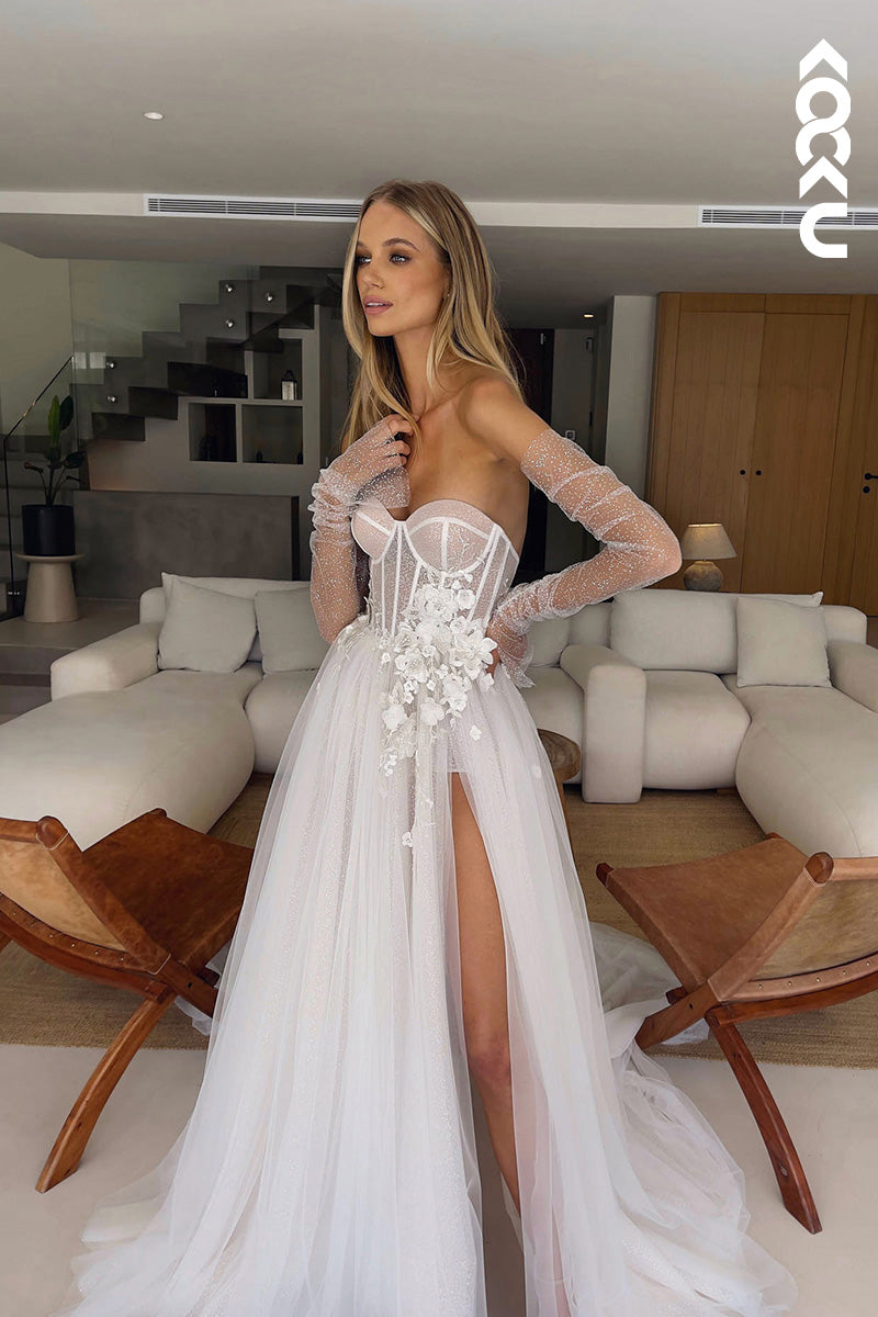 K1119 - Sweetheart Strapless Appliqued Tulle A-Line Wedding Dress With Slit