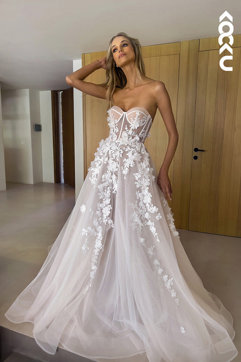 K1120 - Sweetheart Strapless Appliqued Tulle A-Line Long Wedding Dress