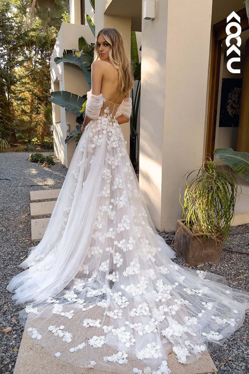 K1122 - Off-Shoulder Lace Appliqued Tulle A-Line Long Wedding Dress With Slit