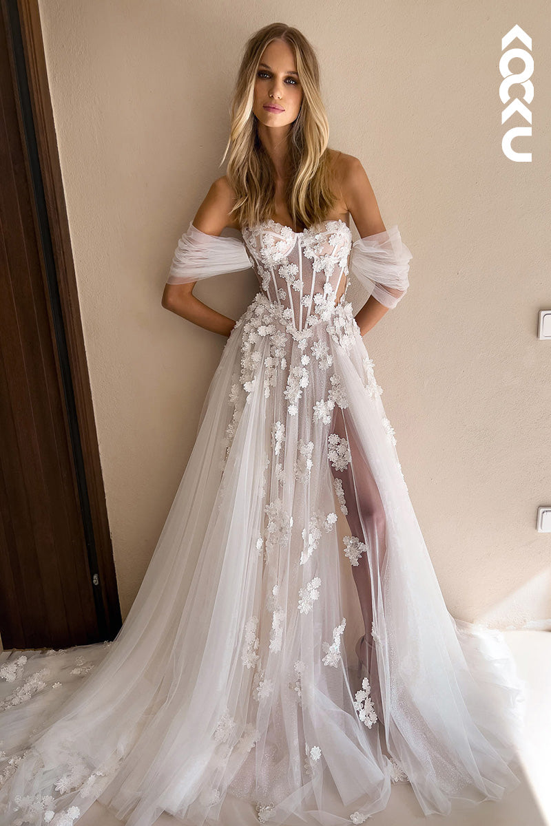 K1122 - Off-Shoulder Lace Appliqued Tulle A-Line Long Wedding Dress With Slit