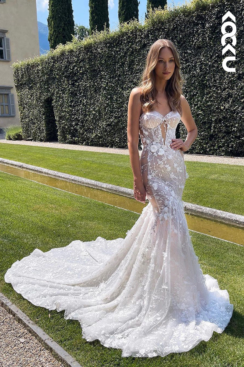 K1126 - Sweetheart Strapless Lace Appliqued Mermaid Wedding Dress