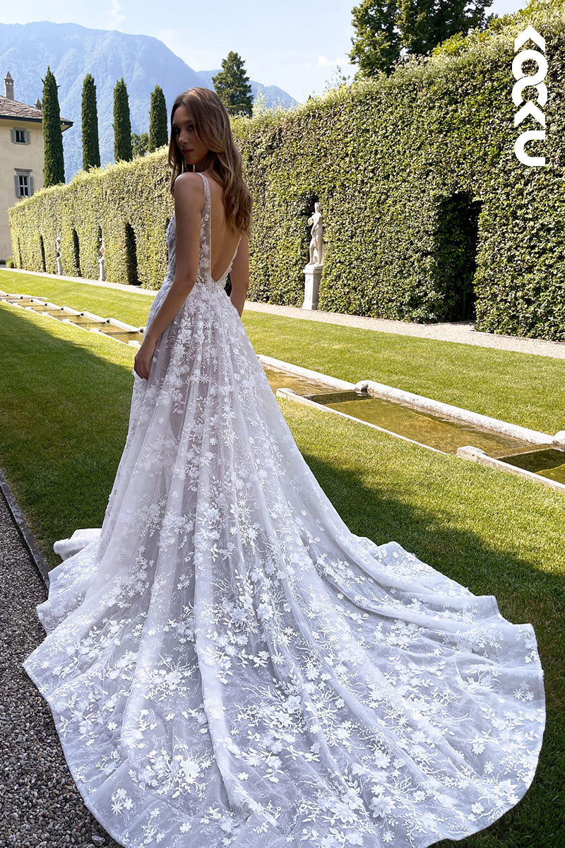 K1127 - Low V-Neck Lace Appliqued Sheer A-Line Wedding Dress With Slit