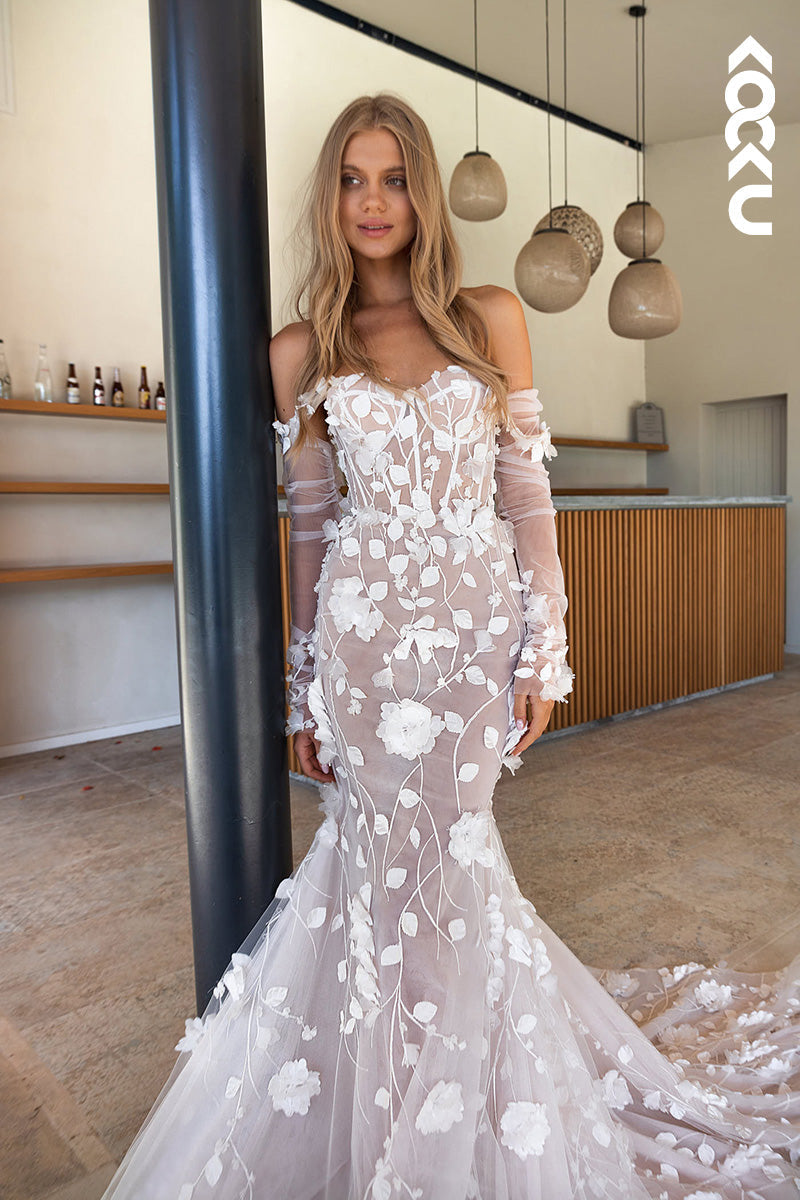 K1128 - Sweetheart Off-Shoulder Lace Appliqued Mermaid Wedding Dress