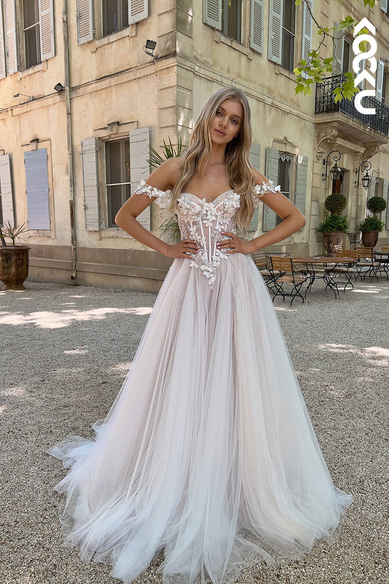 K1129 - Sweetheart Off-Shoulder Lace Appliqued Beaded A-Line Wedding Dress