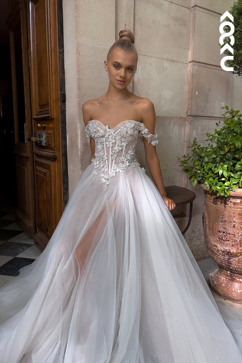 K1129 - Sweetheart Off-Shoulder Lace Appliqued Beaded A-Line Wedding Dress