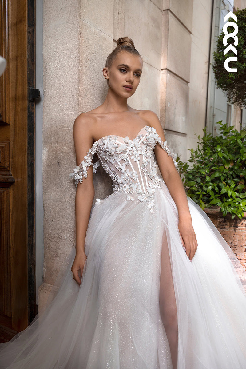 K1129 - Sweetheart Off-Shoulder Lace Appliqued Beaded A-Line Wedding Dress