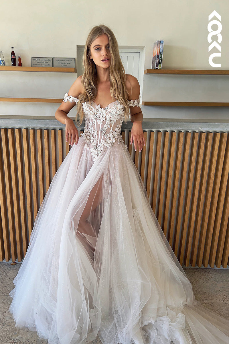 K1129 - Sweetheart Off-Shoulder Lace Appliqued Beaded A-Line Wedding Dress