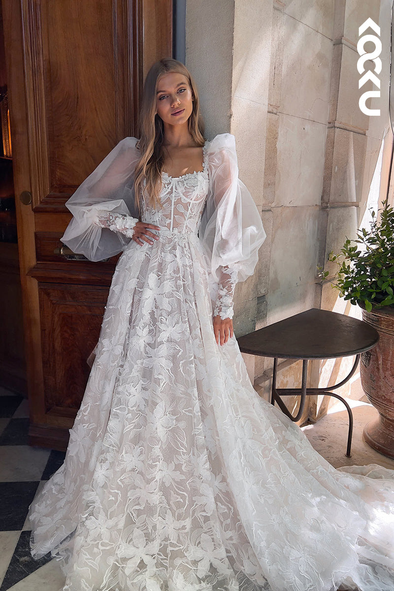 K1130 - Square Neck Long Sleeves Lace Appliqued A-Line Wedding Dress