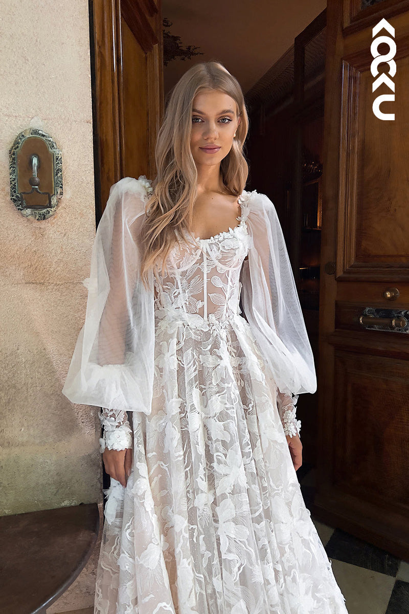 K1130 - Square Neck Long Sleeves Lace Appliqued A-Line Wedding Dress