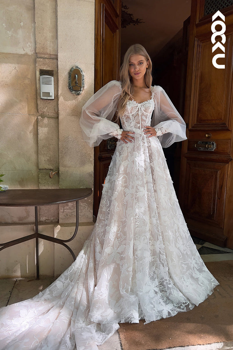 K1130 - Square Neck Long Sleeves Lace Appliqued A-Line Wedding Dress