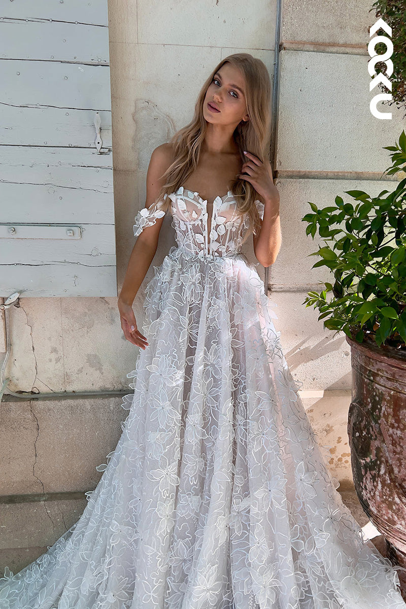 K1131 - Low V-Neck Off-Shoulder Lace Appliqued A-Line Wedding Dress