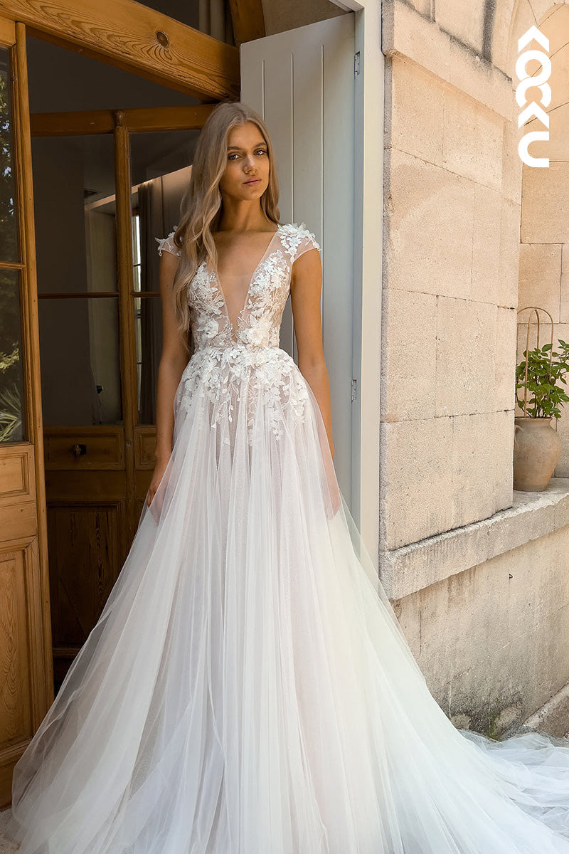 K1134 - Low V-Neck Lace Appliqued Sheer Tulle A-Line Wedding Dress