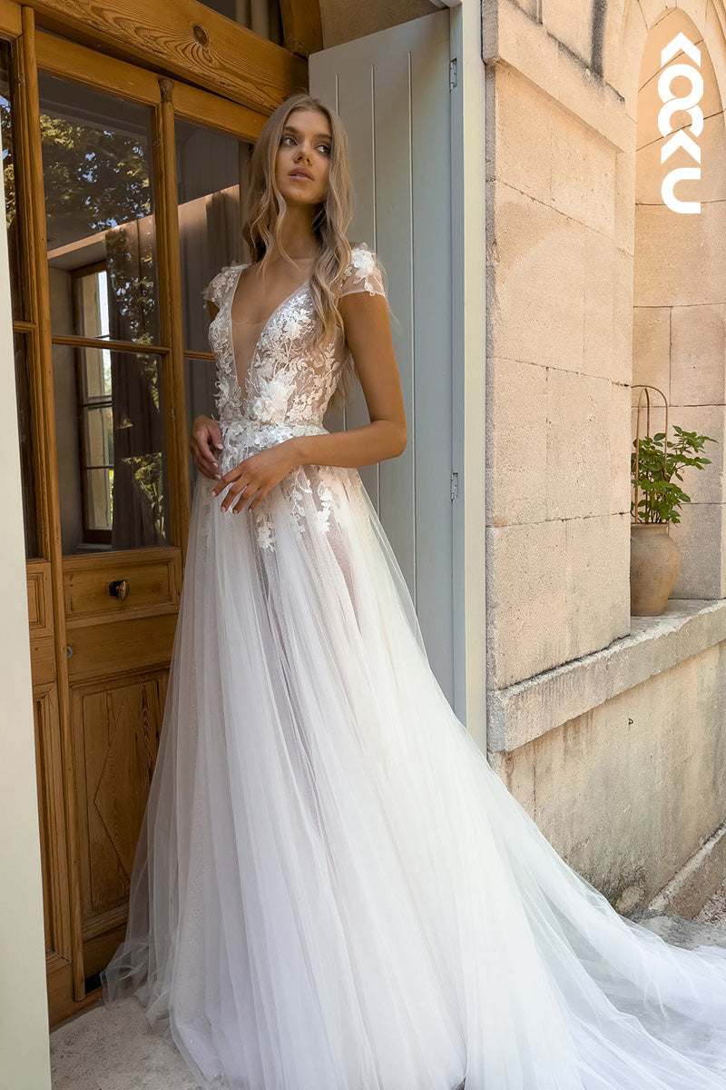 K1134 - Low V-Neck Lace Appliqued Sheer Tulle A-Line Wedding Dress