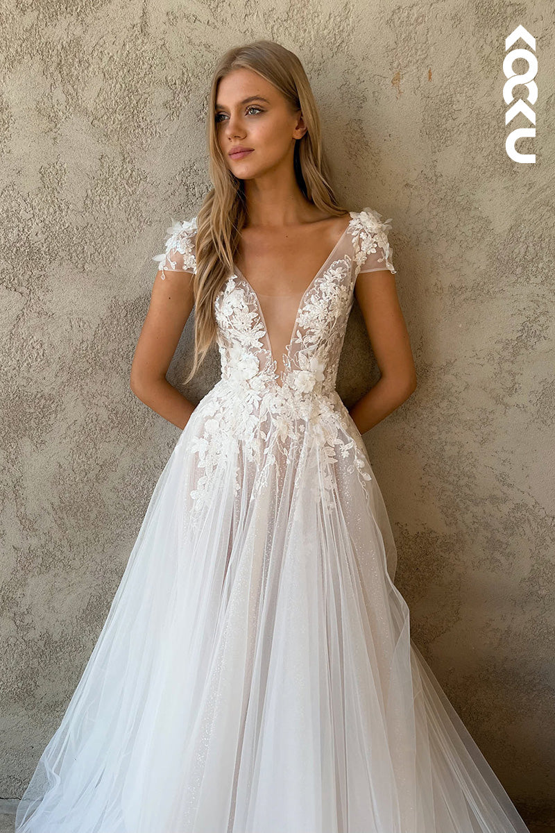 K1134 - Low V-Neck Lace Appliqued Sheer Tulle A-Line Wedding Dress