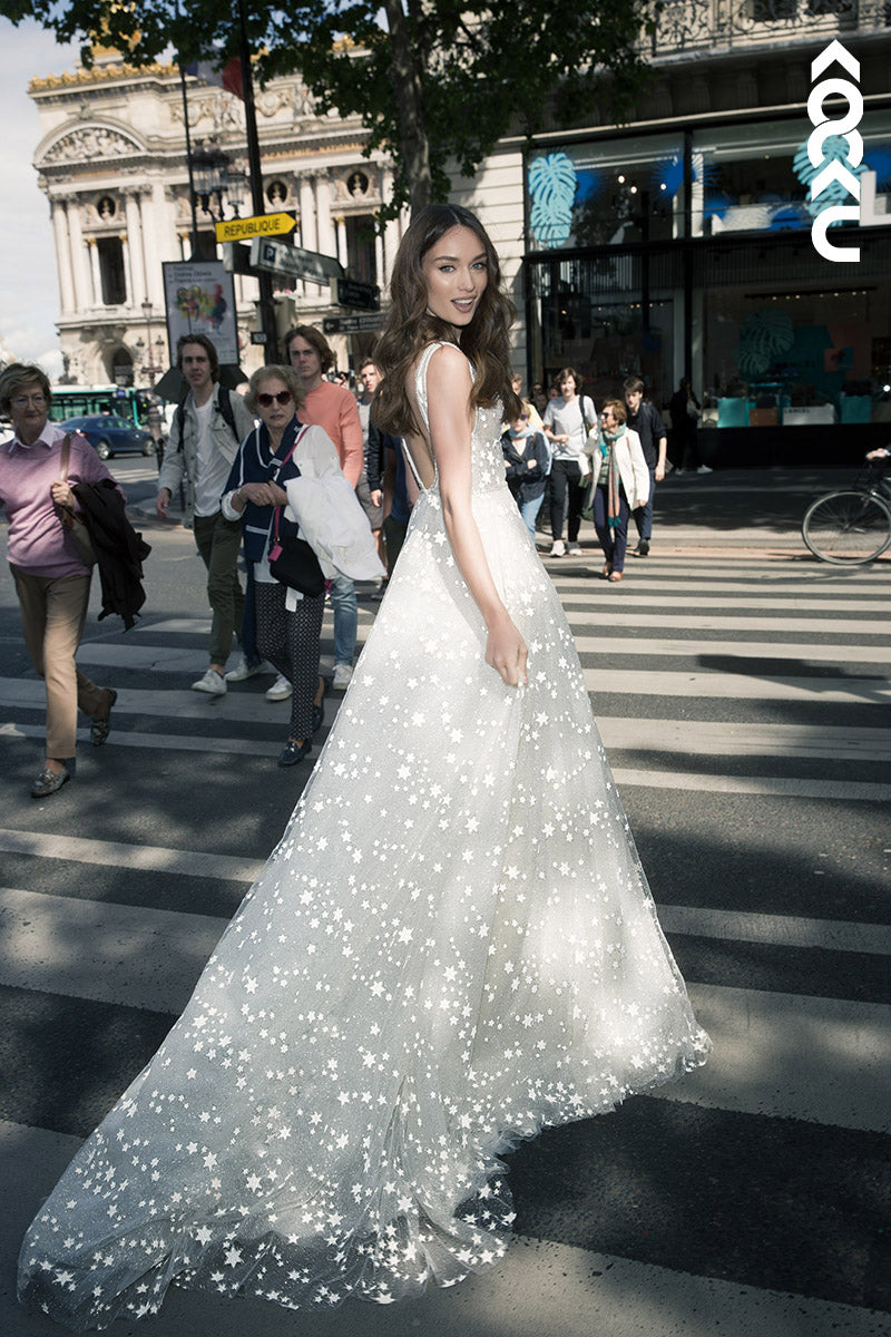 K1135 - V-Neck Lace Appliqued Beaded Tulle A-Line Wedding Dress