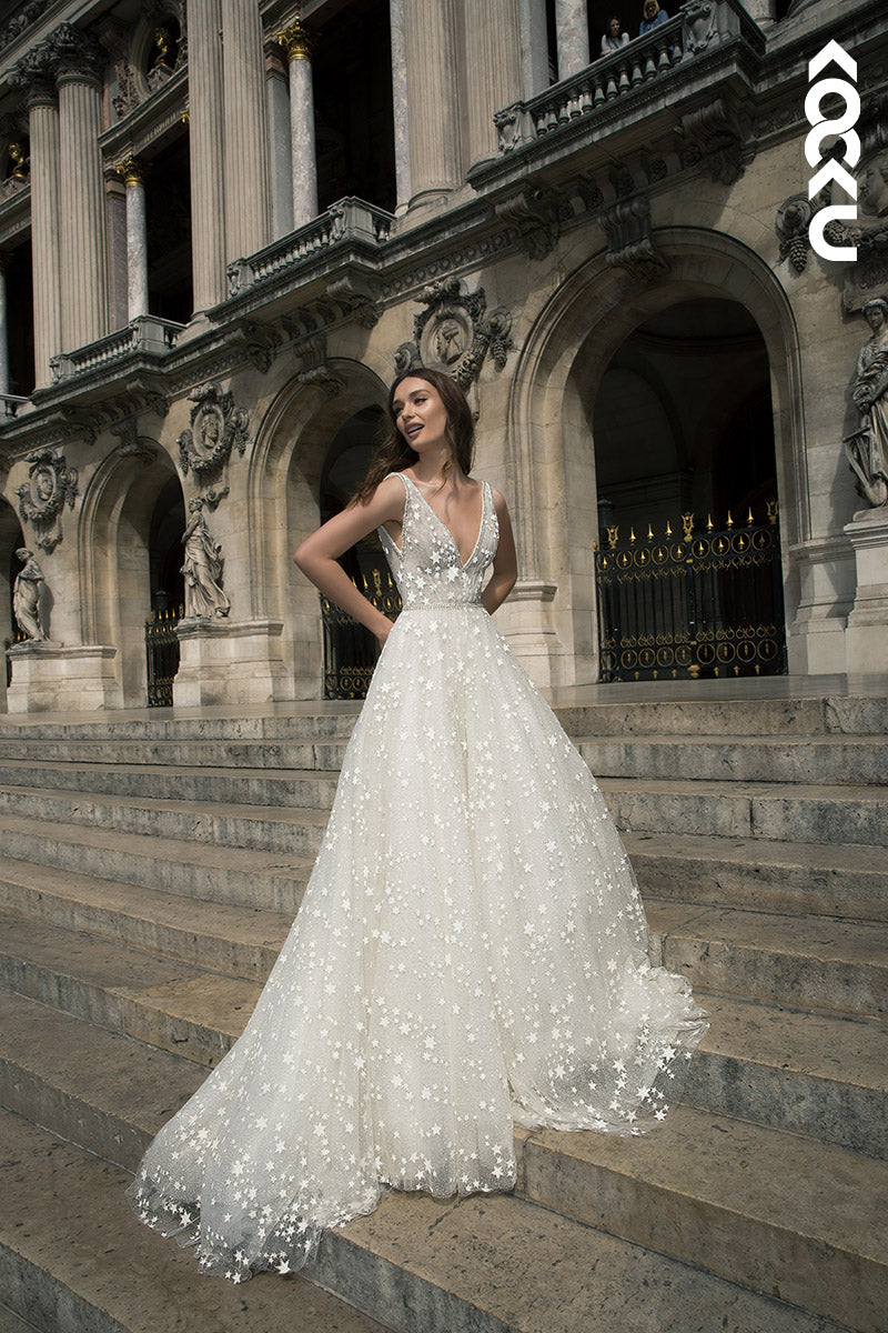 K1135 - V-Neck Lace Appliqued Beaded Tulle A-Line Wedding Dress