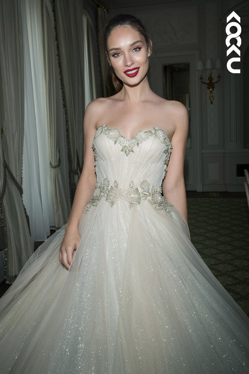 K1136 - Sweetheart Strapless Sequined Appliqued Beaded A-Line Wedding Dress