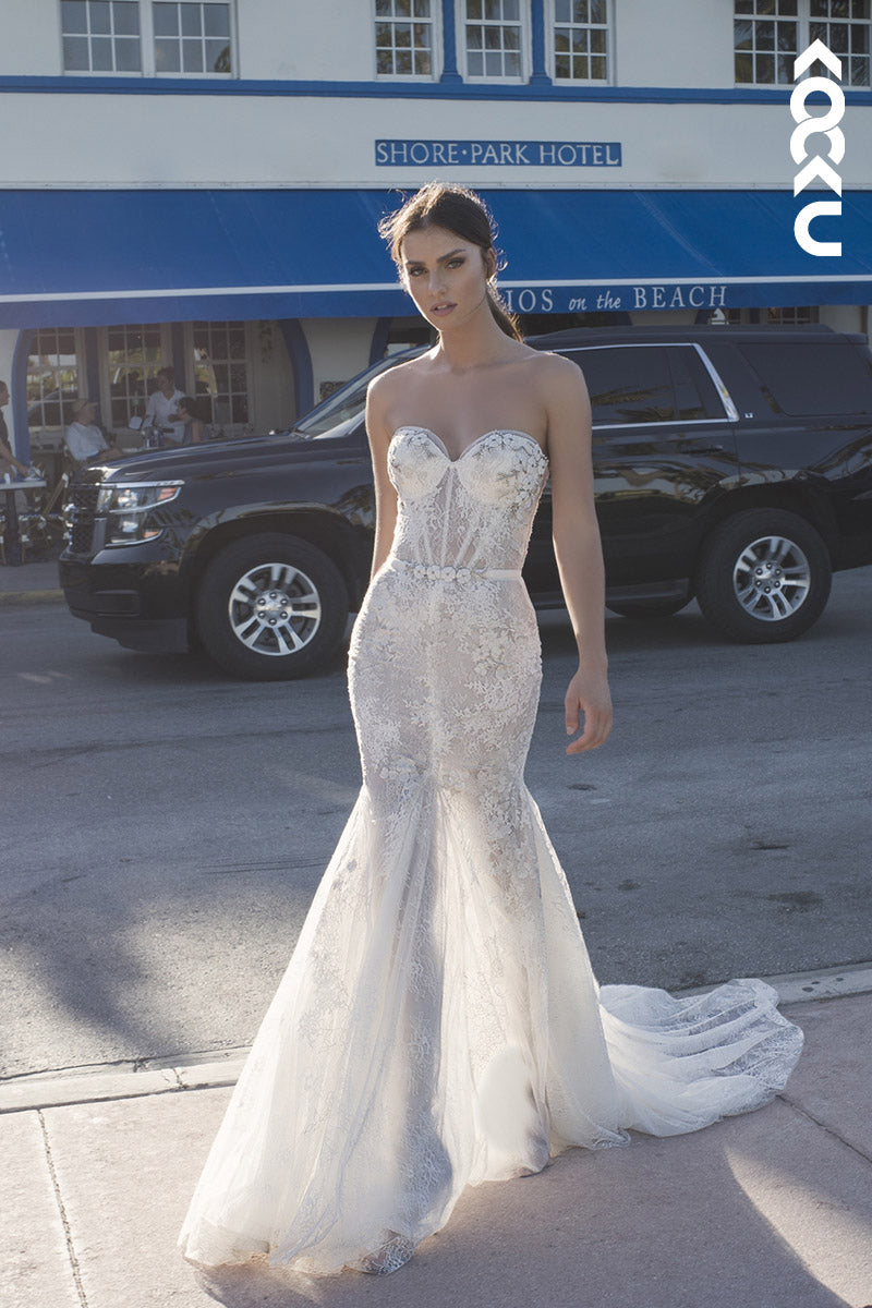 K1138 -Sweetheart Strapless Appliqued Sheer Lace Mermaid Wedding Dress