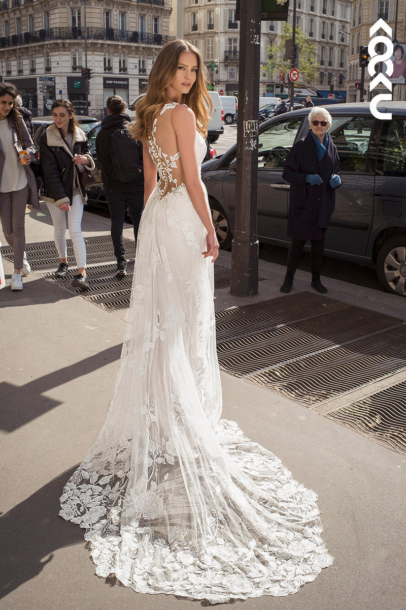 K1141 - Low V-Neck Lace Appliqued A-Line Wedding Dress