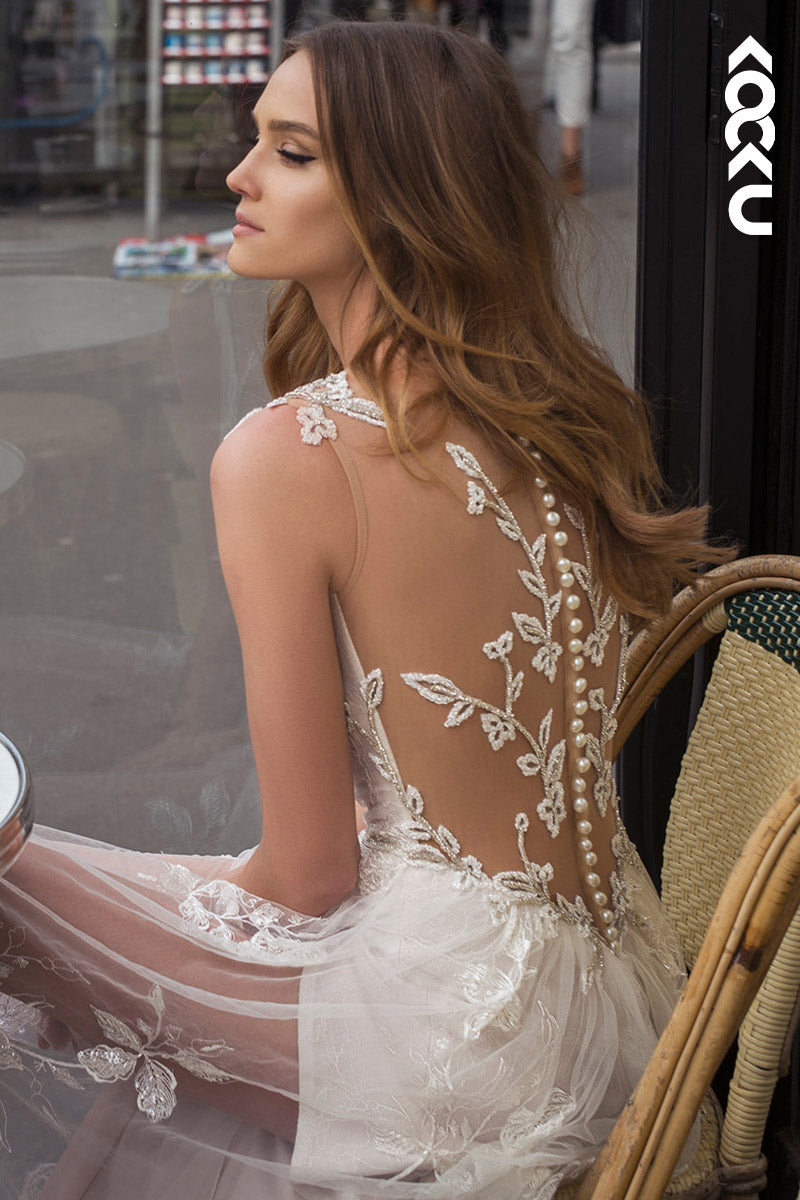 K1141 - Low V-Neck Lace Appliqued A-Line Wedding Dress